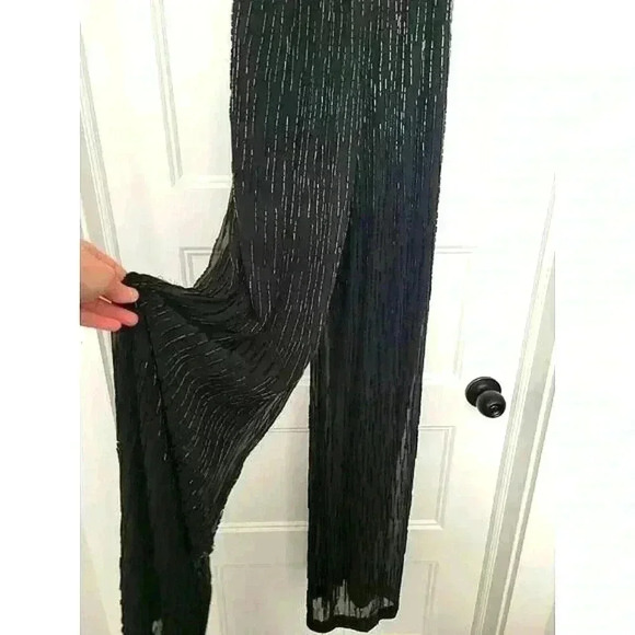Alice + Olivia Beaded Sequin Mesh Overlay Straight Leg Jumpsuit Black Size 0 - Picture 5 of 8